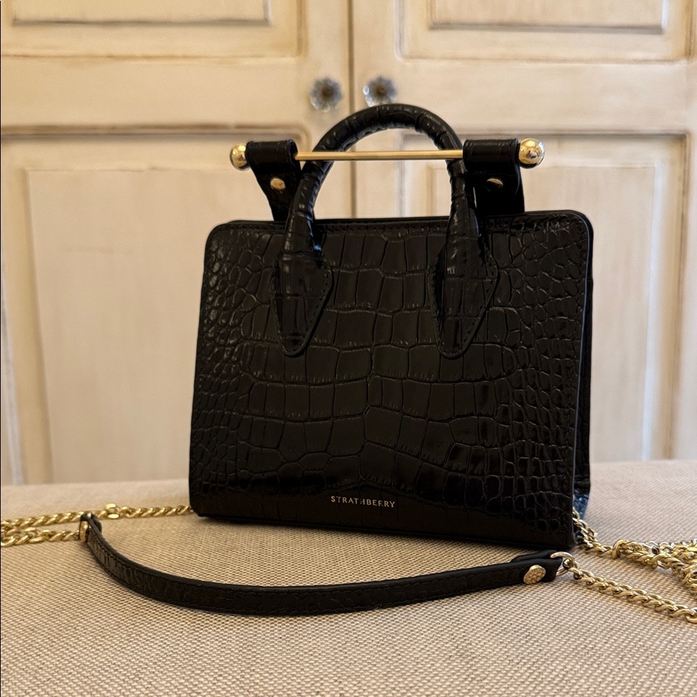 Strathberry Black Croc-Embossed Mini Bag